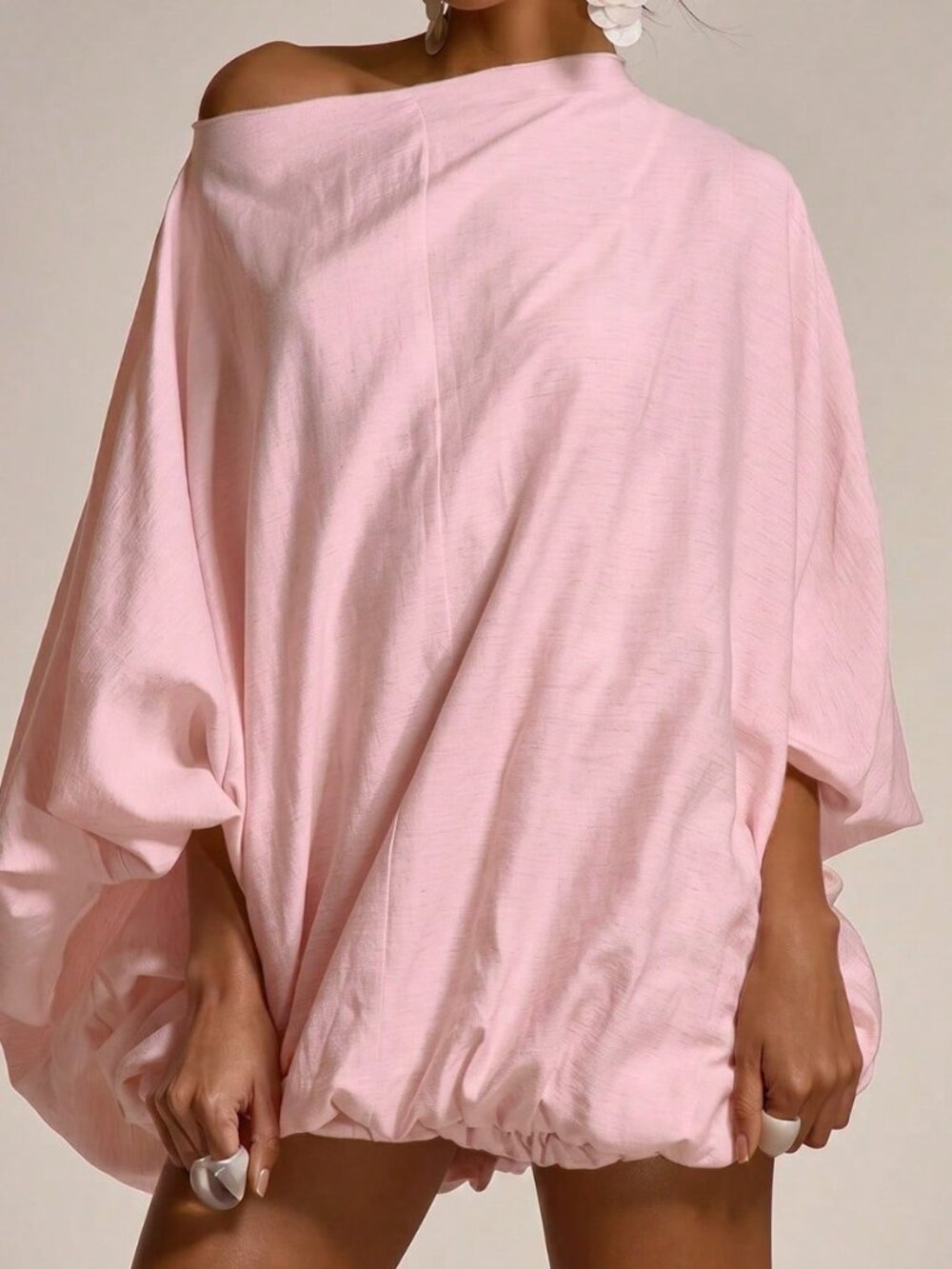 Pink Oversized Flowy Balloon Women's Slash Neck Cinched Mini Dress